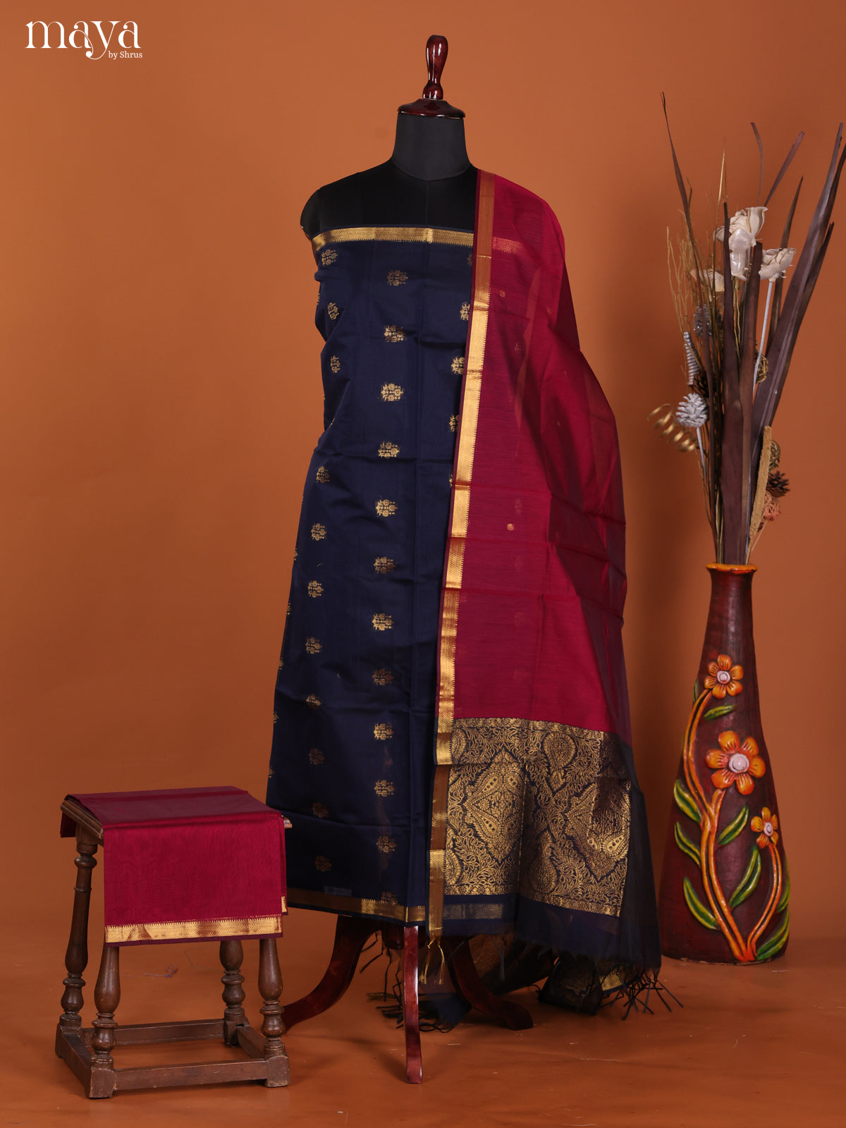 Blue & Maroon-Semi silkcotton salwar unstitch