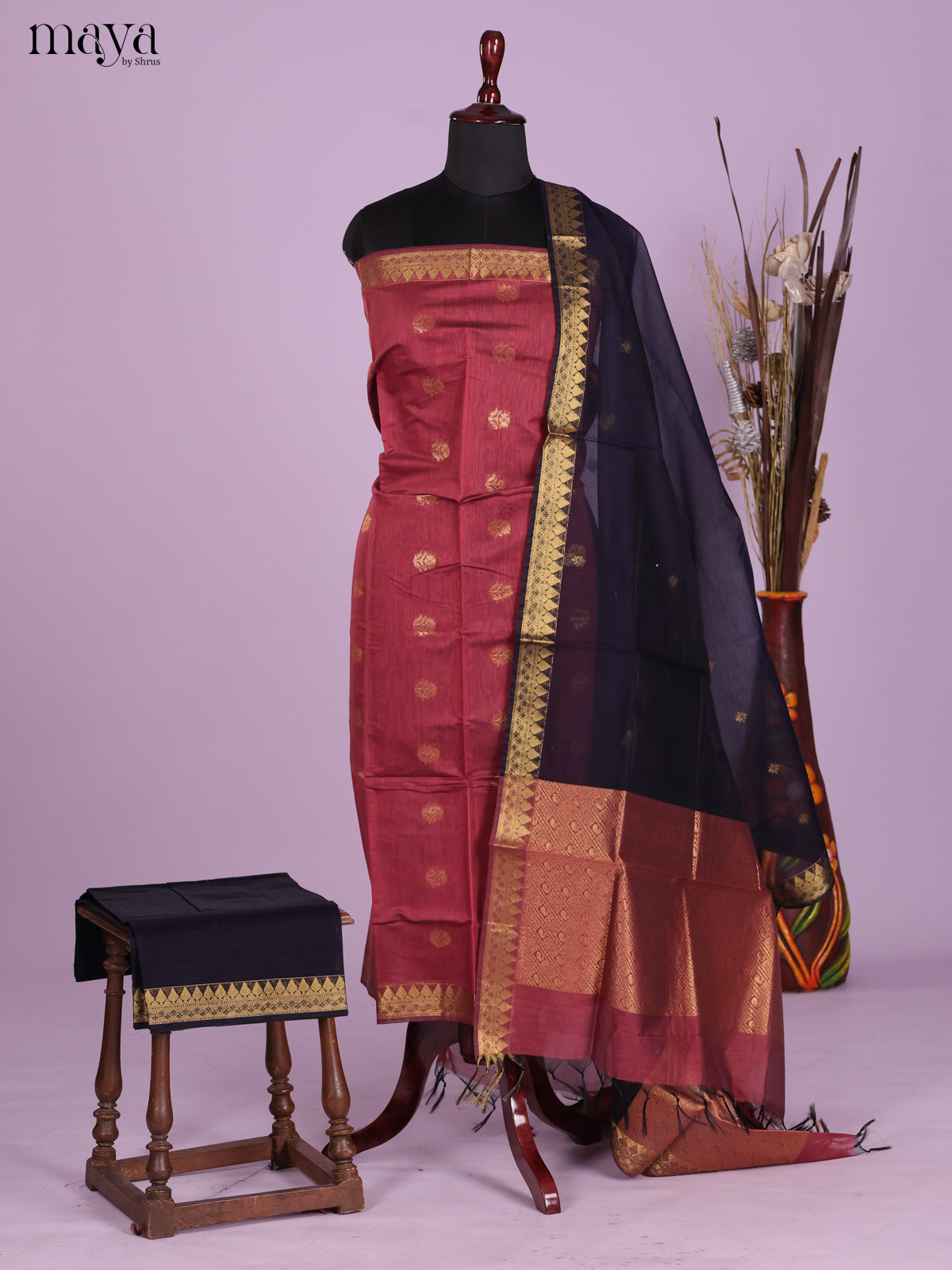 Red & Blue-Semi silkcotton salwar unstitch