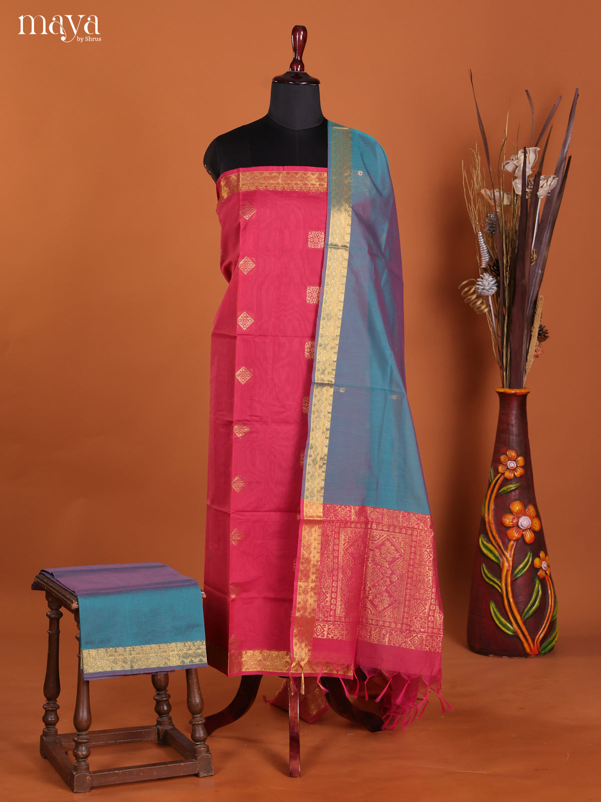 Pink & blue-Semi silkcotton salwar unstitch