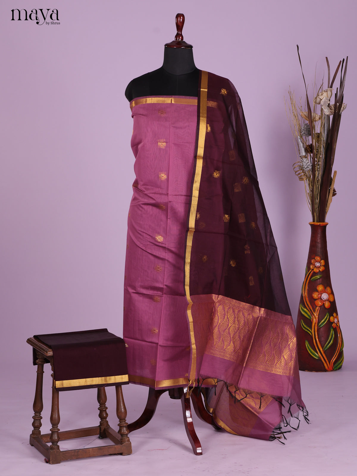 Pink & Brown -Semi silkcotton salwar unstitch