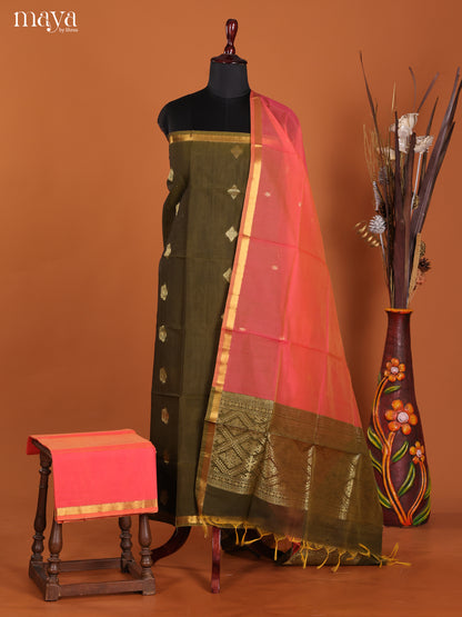 Green & Orangish Pink-Semi silkcotton salwar unstitch
