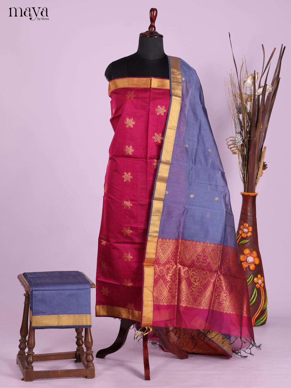 Maroon & Blue -Semi silkcotton salwar unstitch