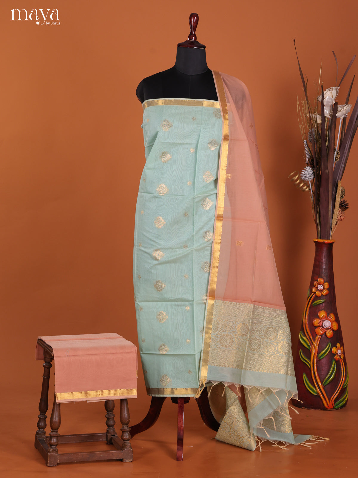 Ice Blue & brown-Semi silkcotton salwar unstitch