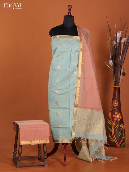 Ice Blue & brown-Semi silkcotton salwar unstitch
