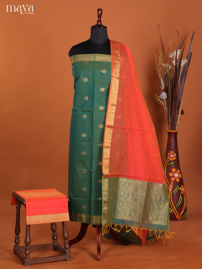 Green & Orangish Pink-Semi silkcotton salwar unstitch