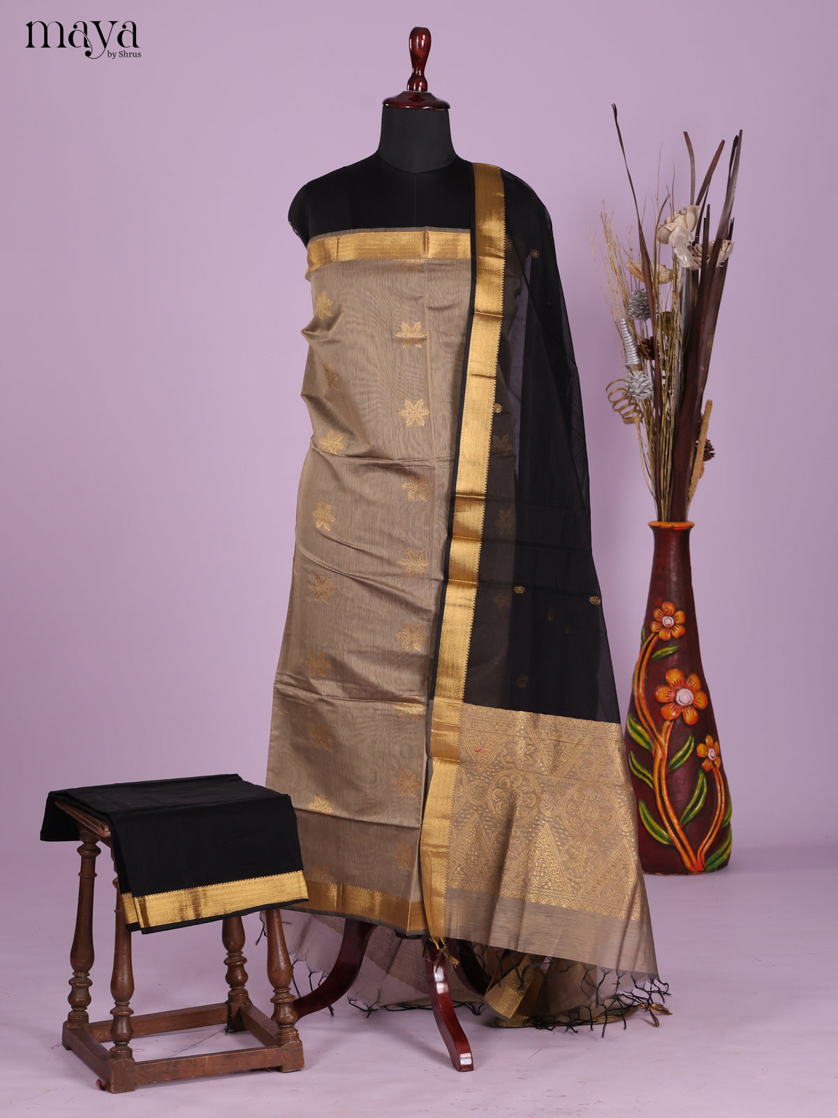 Grey & Black-Semi silkcotton salwar unstitch