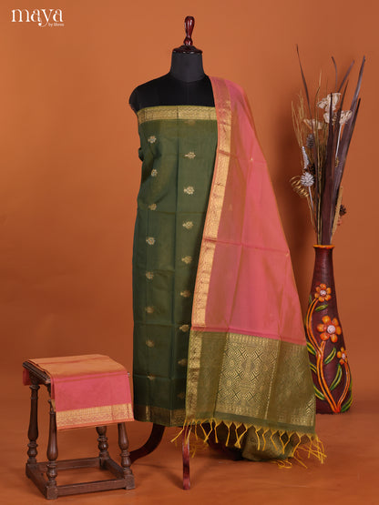 Green & Orangish Pink-Semi silkcotton salwar unstitch