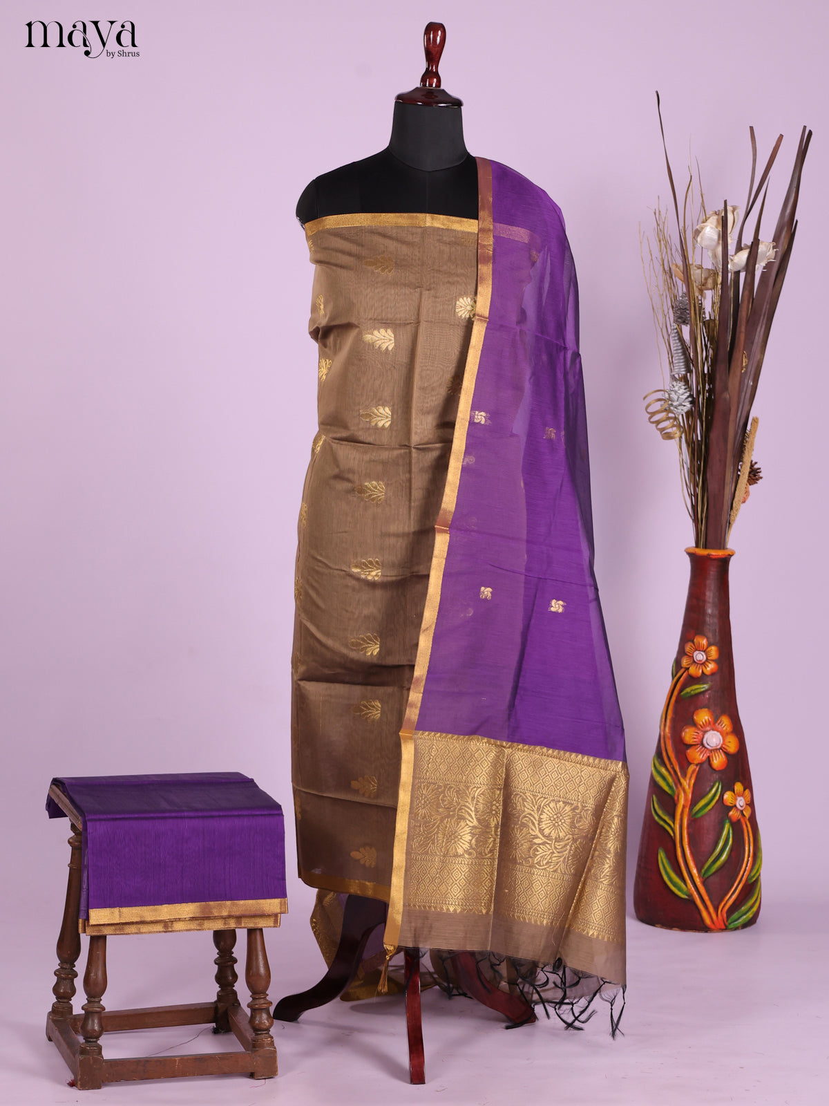 Grey & Violet-Semi silkcotton salwar unstitch
