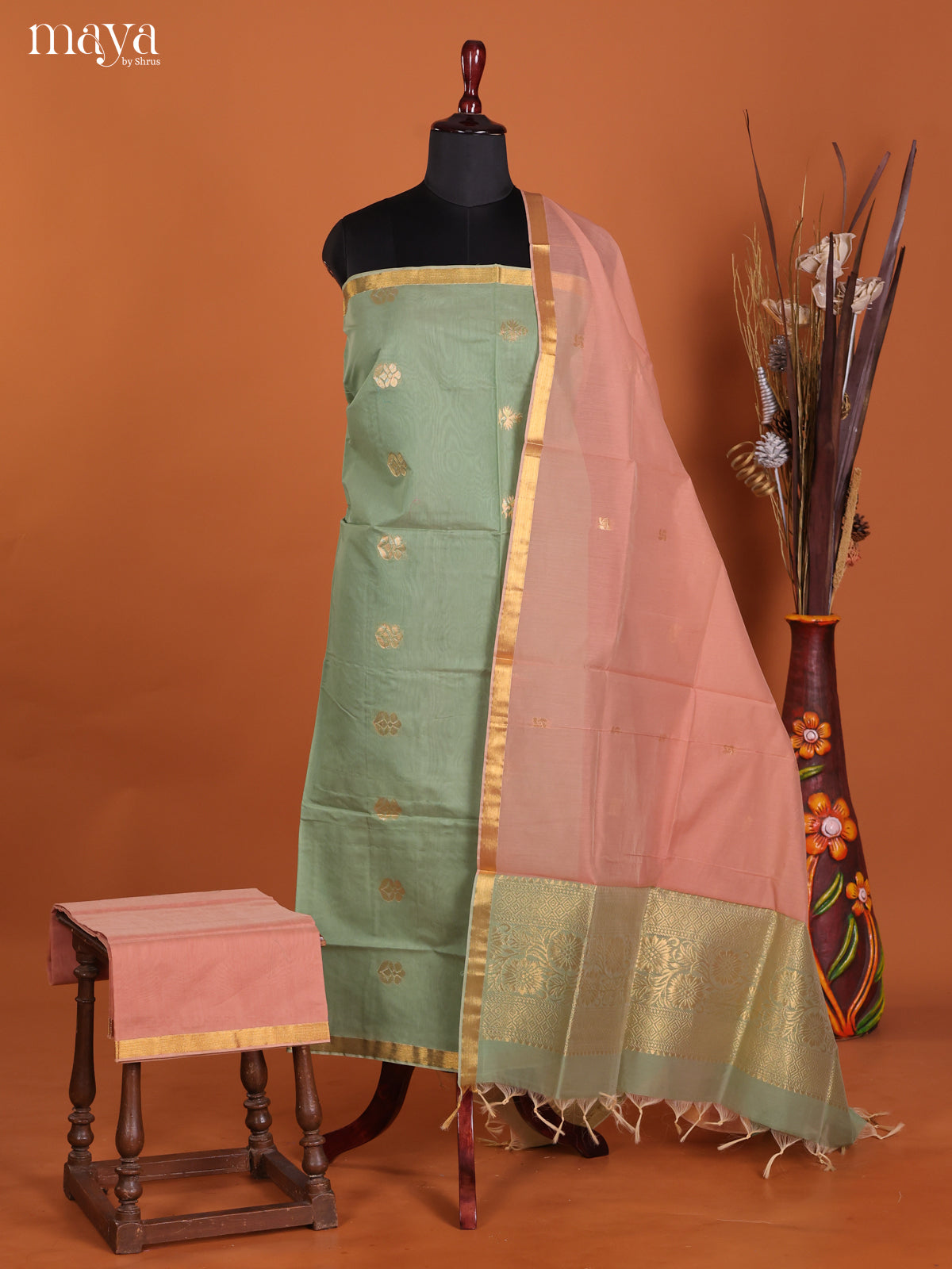 Pastel  Green & Pink-Semi silkcotton salwar unstitch