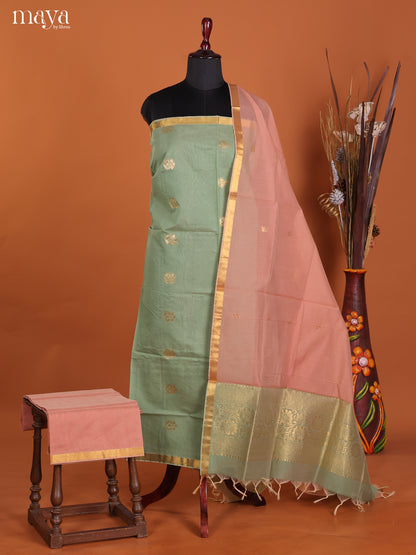 Pastel  Green & Pink-Semi silkcotton salwar unstitch
