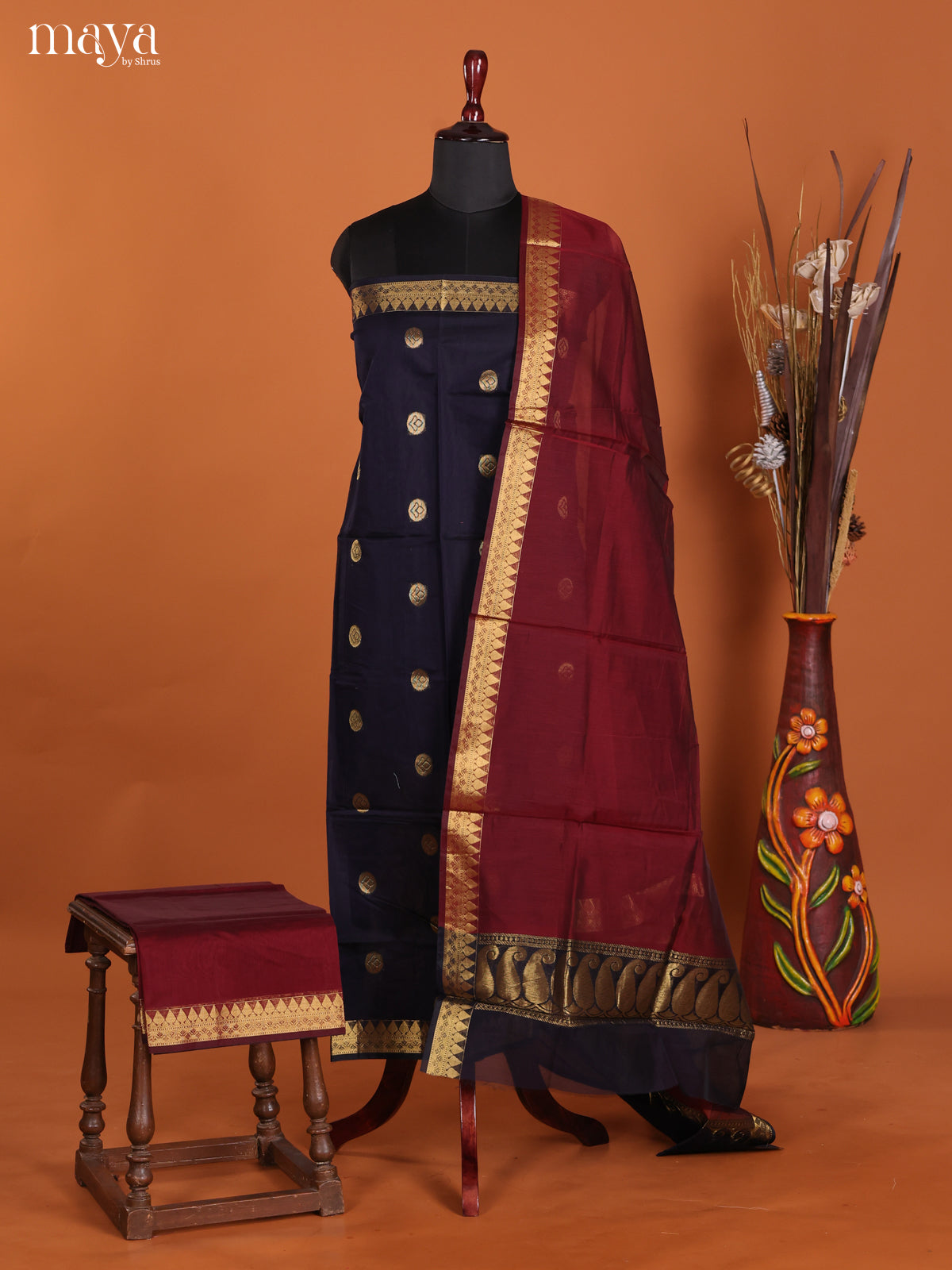 Blue & Maroon-Semi silkcotton salwar unstitch