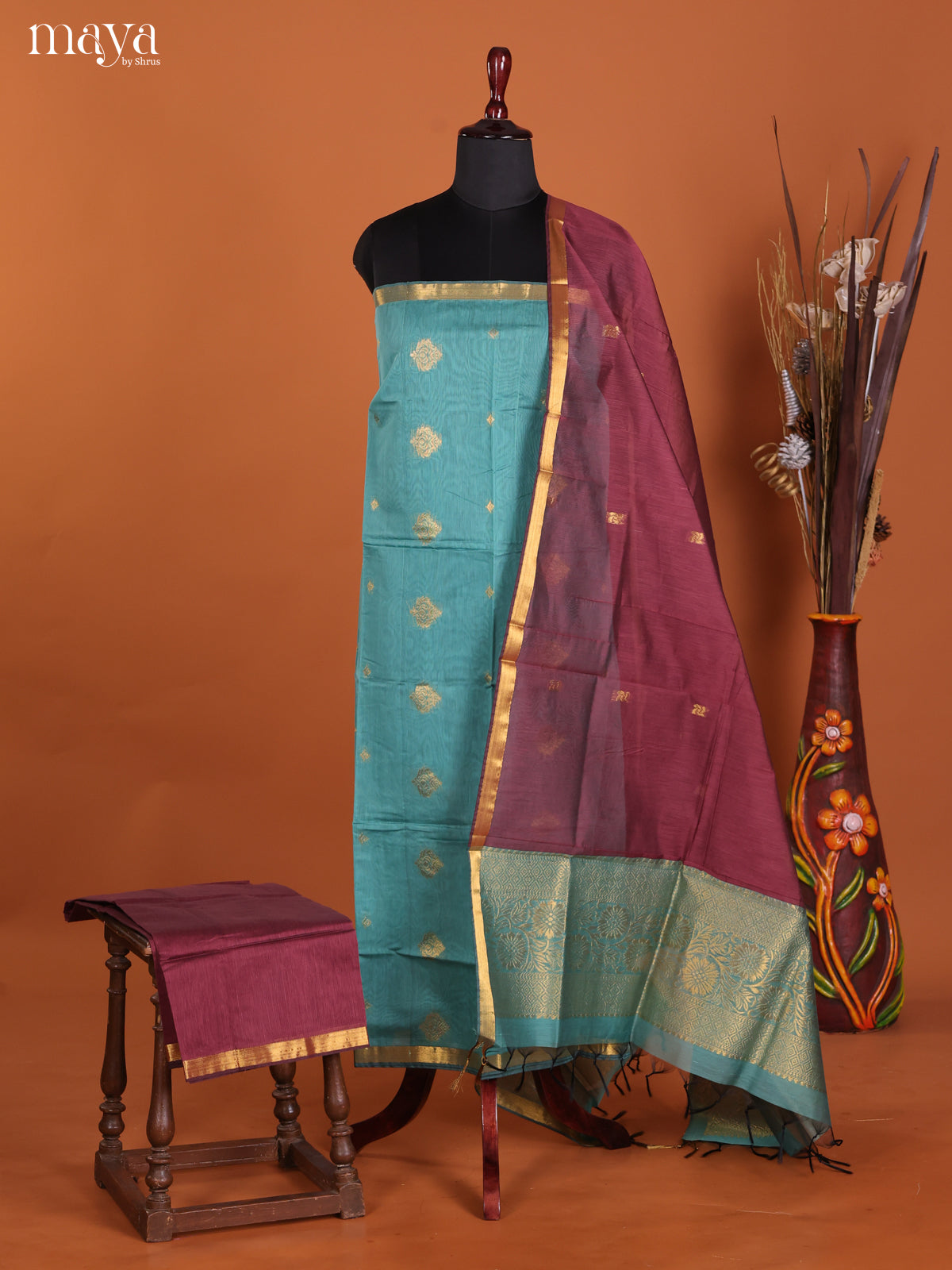 Pastel Blue & Maroon-Semi silkcotton salwar unstitch
