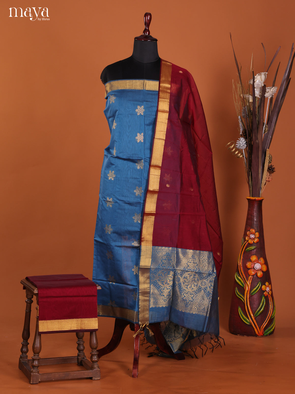 Blue & Maroon-Semi silkcotton salwar unstitch
