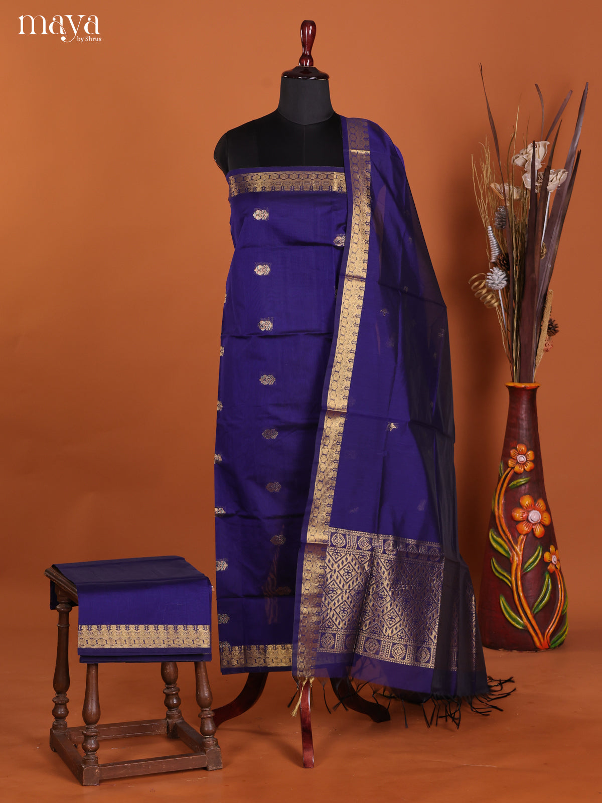 Blue-Semi silkcotton salwar unstitch