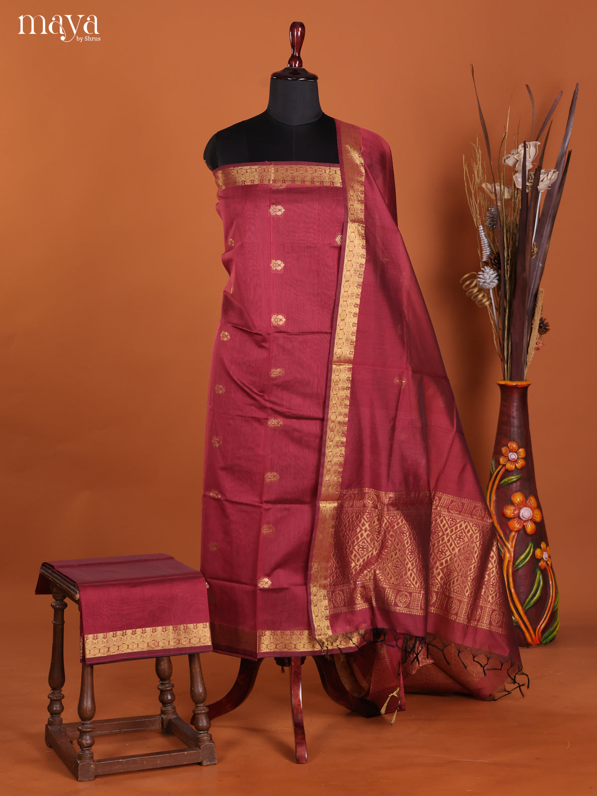 Maroon -Semi silkcotton salwar unstitch