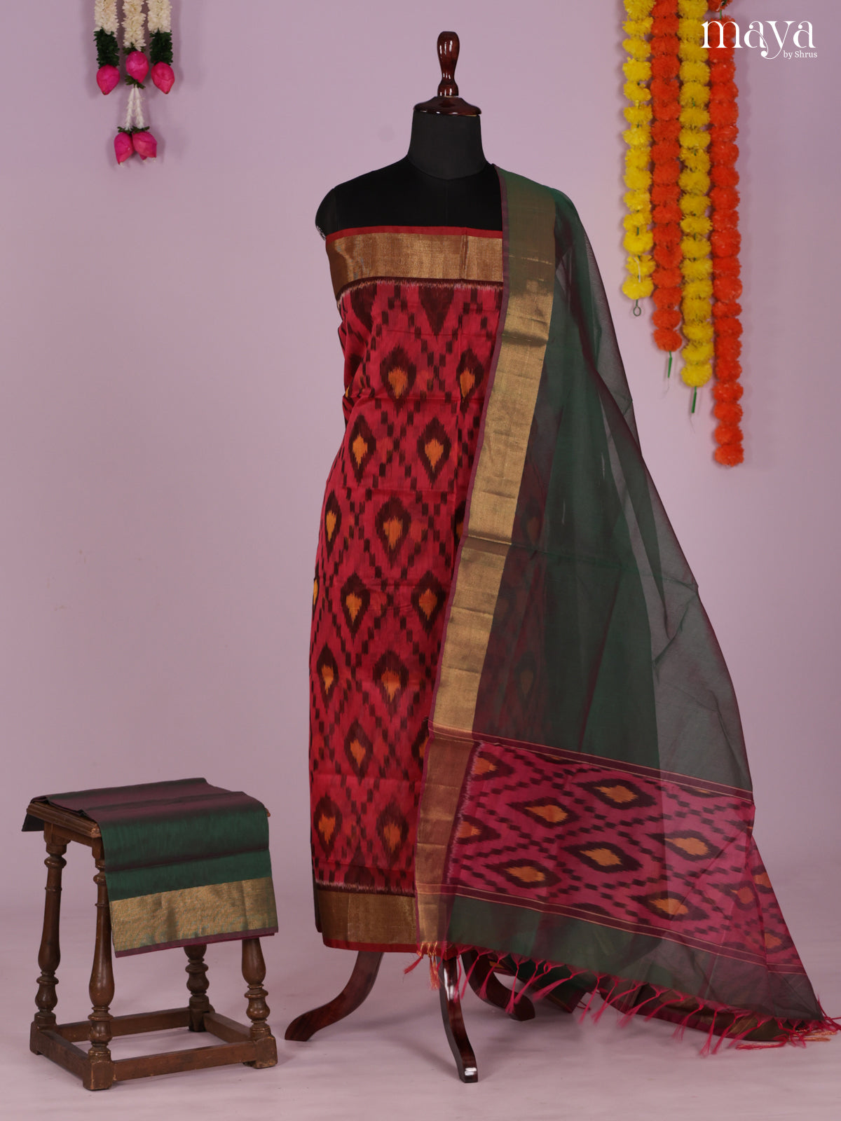 Pink & Green -Pochampally Salwar Unstitch
