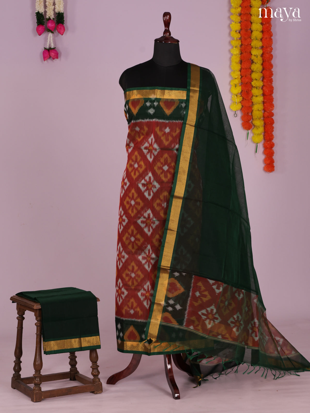 Red & Green-Pochampally Salwar Unstitch