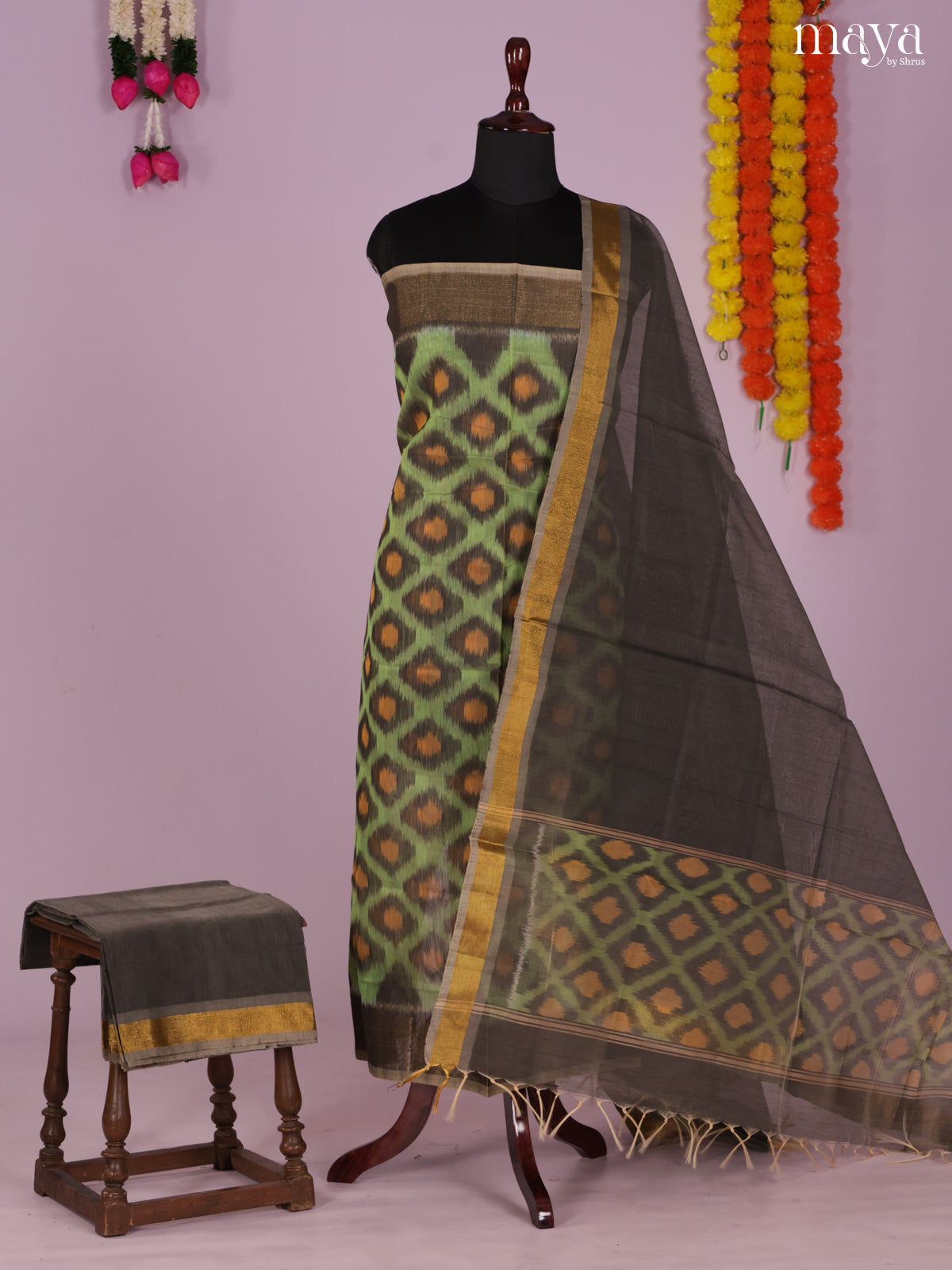Light Green & grey-Pochampally Salwar Unstitch