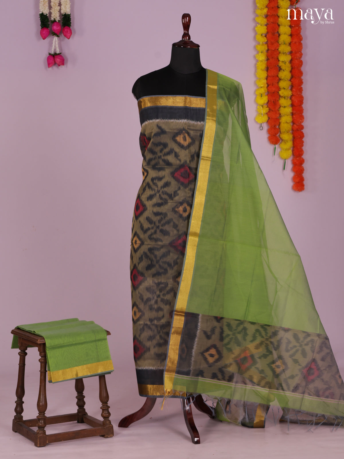 Grey & Green-Pochampally Salwar Unstitch