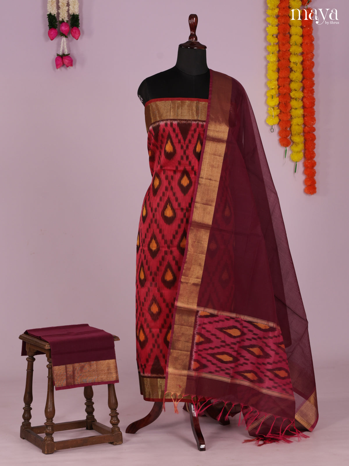 Pink & Maroon-Pochampally Salwar Unstitch