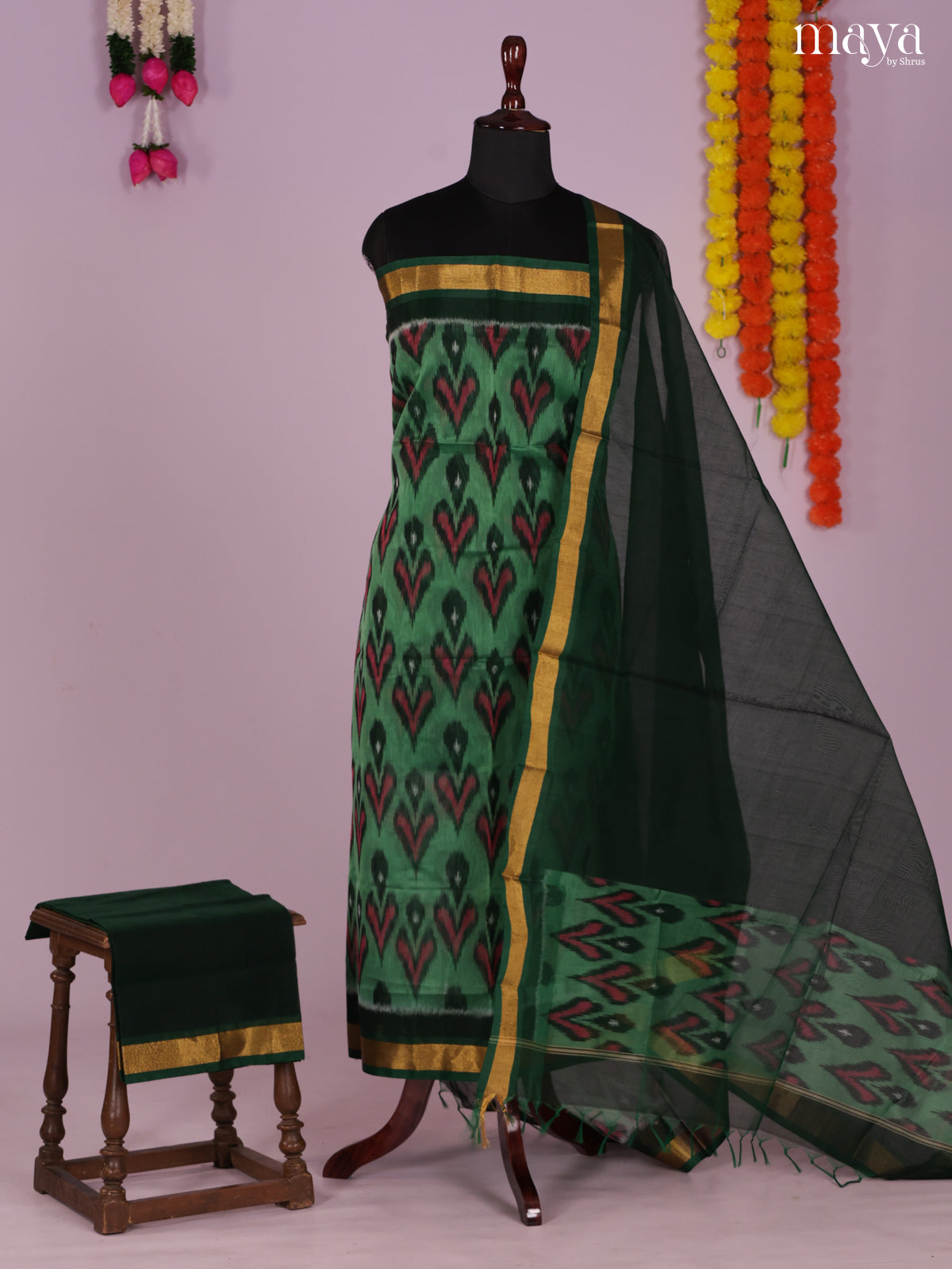 Green & Dark Green -Pochampally Salwar Unstitch