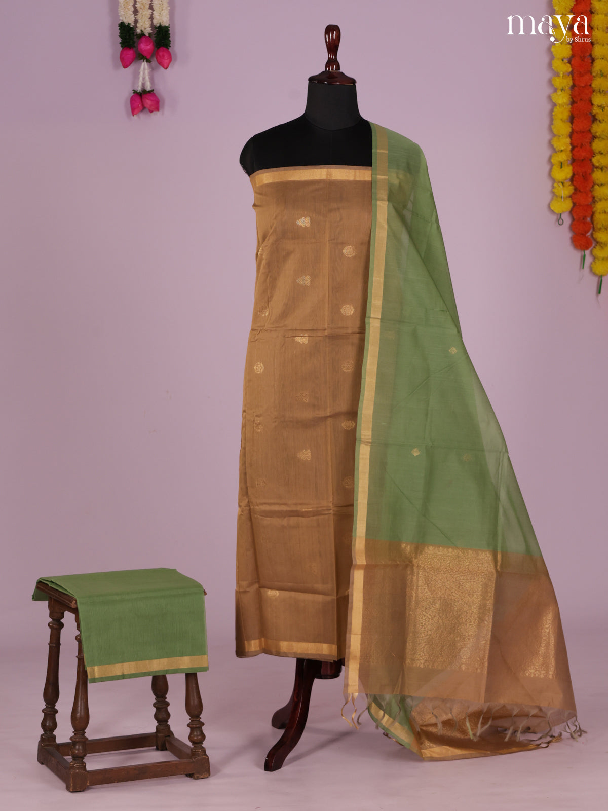 Light brown & Green-Silkcotton salwar Unstitch