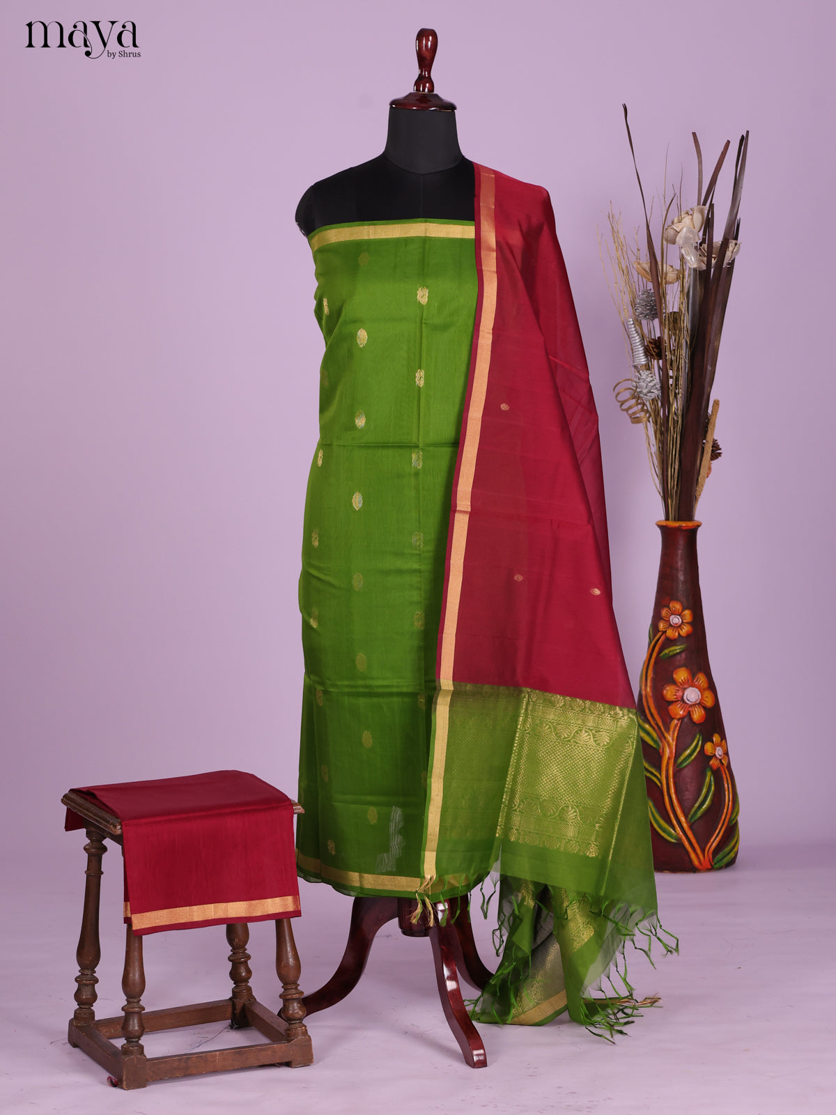 Green & Maroon-Silkcotton salwar Unstitch
