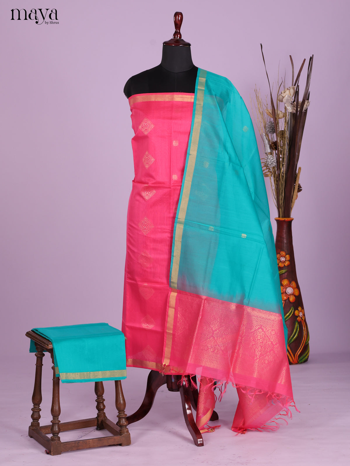 Pink & Blue-Silkcotton salwar Unstitch