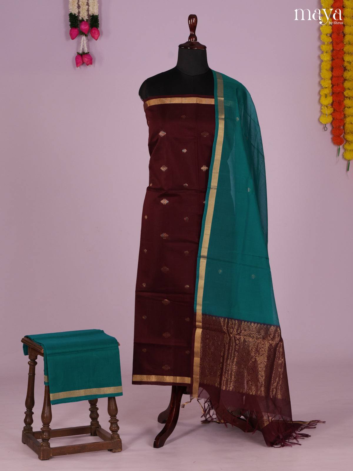 Maroon & Green-Silkcotton salwar Unstitch