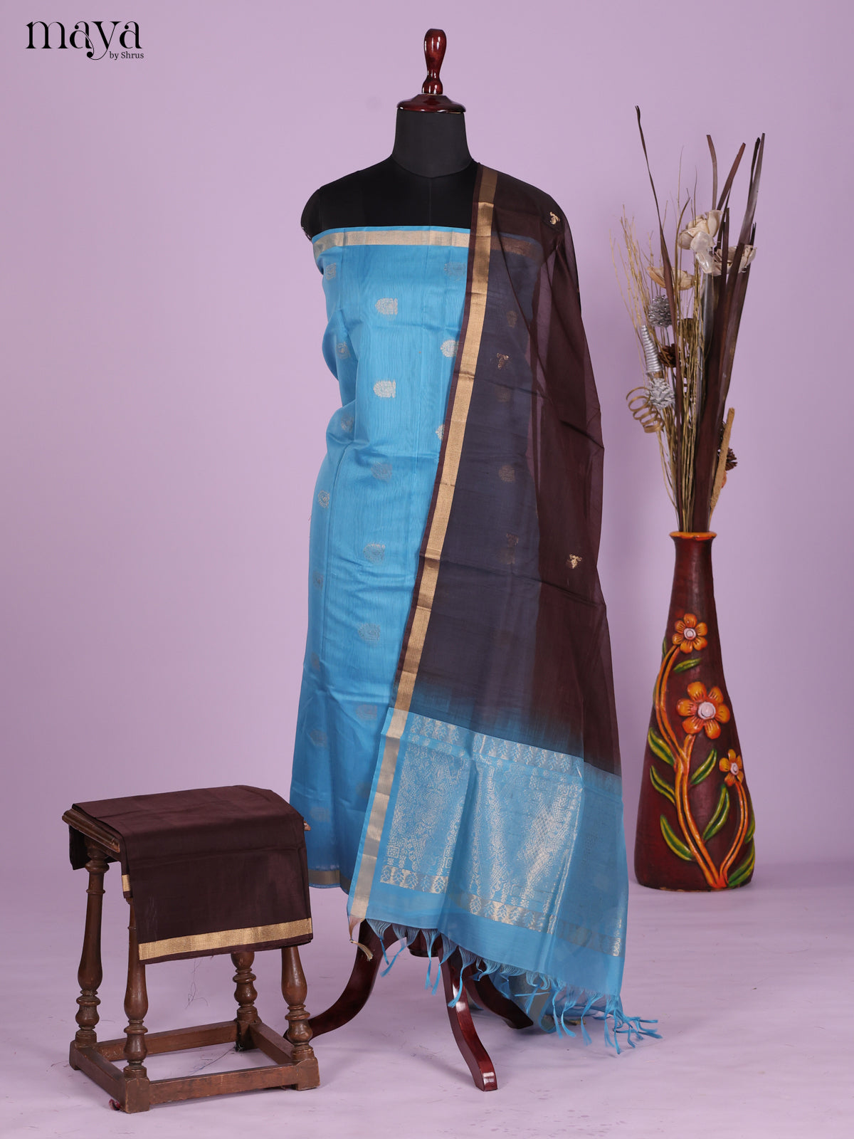Sky Blue & Black-Silkcotton salwar Unstitch