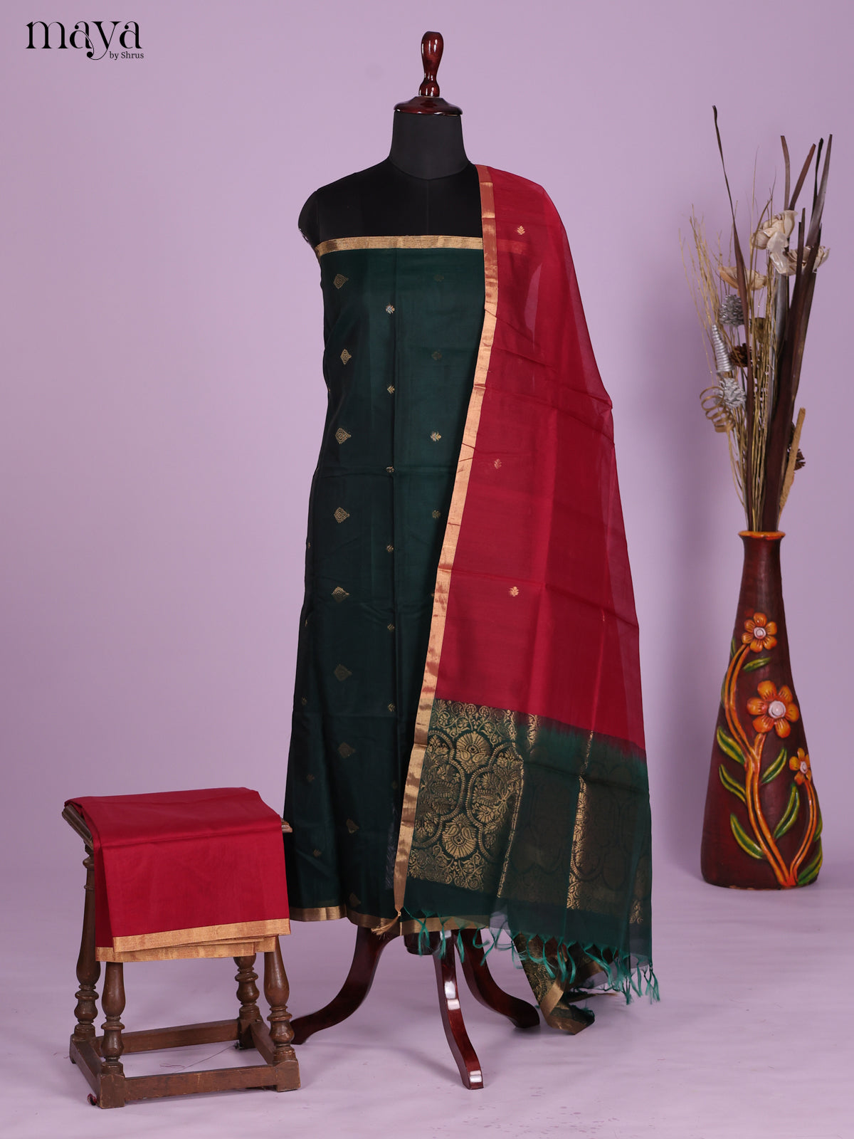 Dark Green & Maroon-Silkcotton salwar Unstitch
