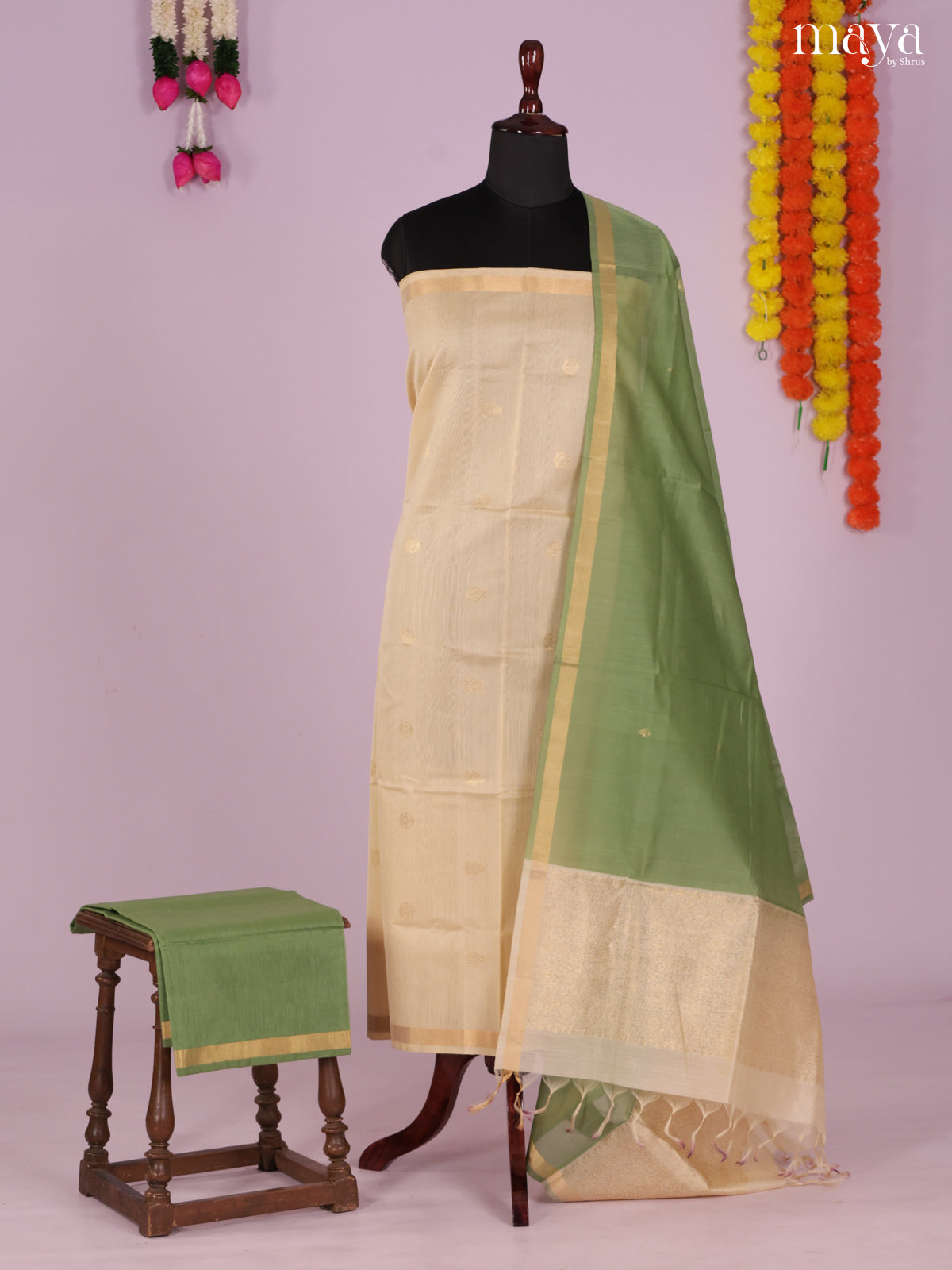 Cream & Green-Silkcotton salwar Unstitch