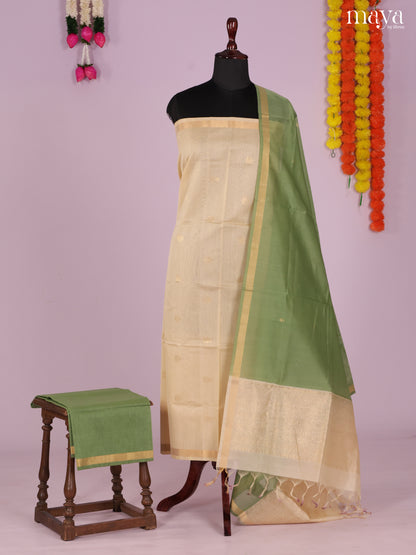 Cream & Green-Silkcotton salwar Unstitch