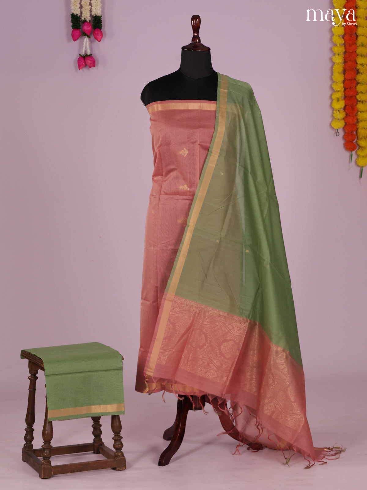 Dusty Pink & Green-Silkcotton salwar Unstitch
