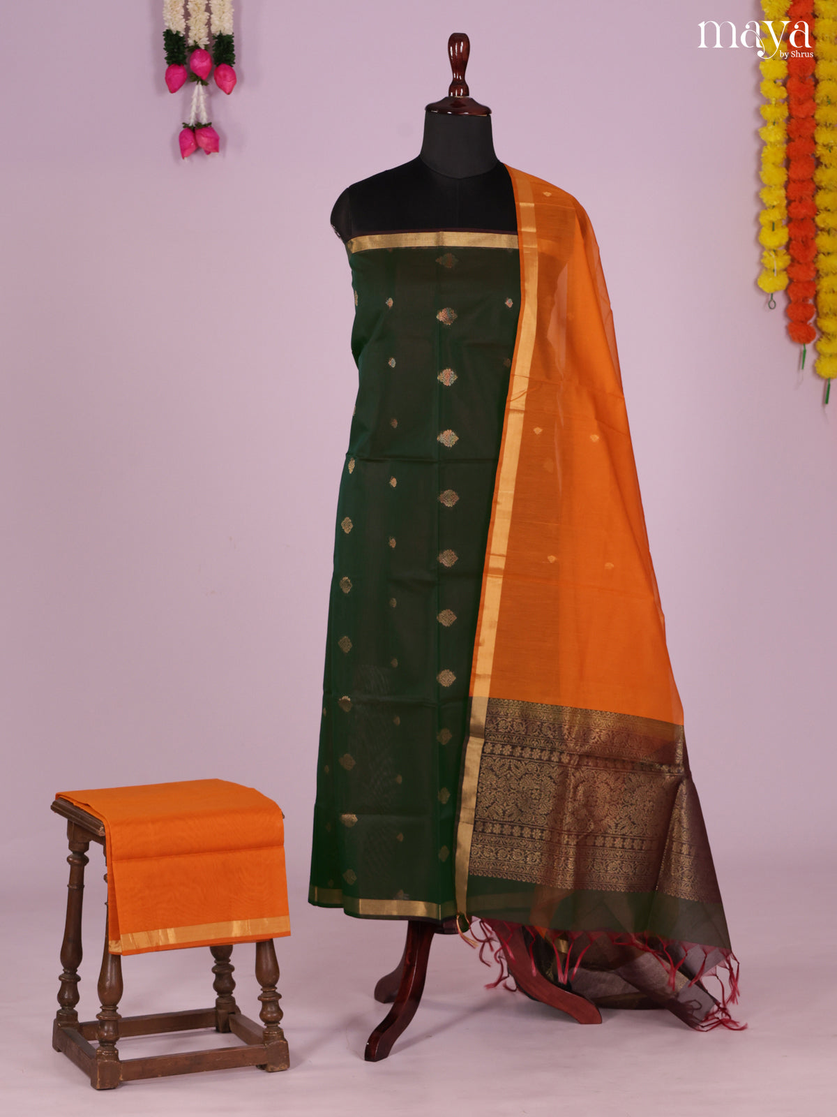 Dark Green & Brick -Silkcotton salwar Unstitch