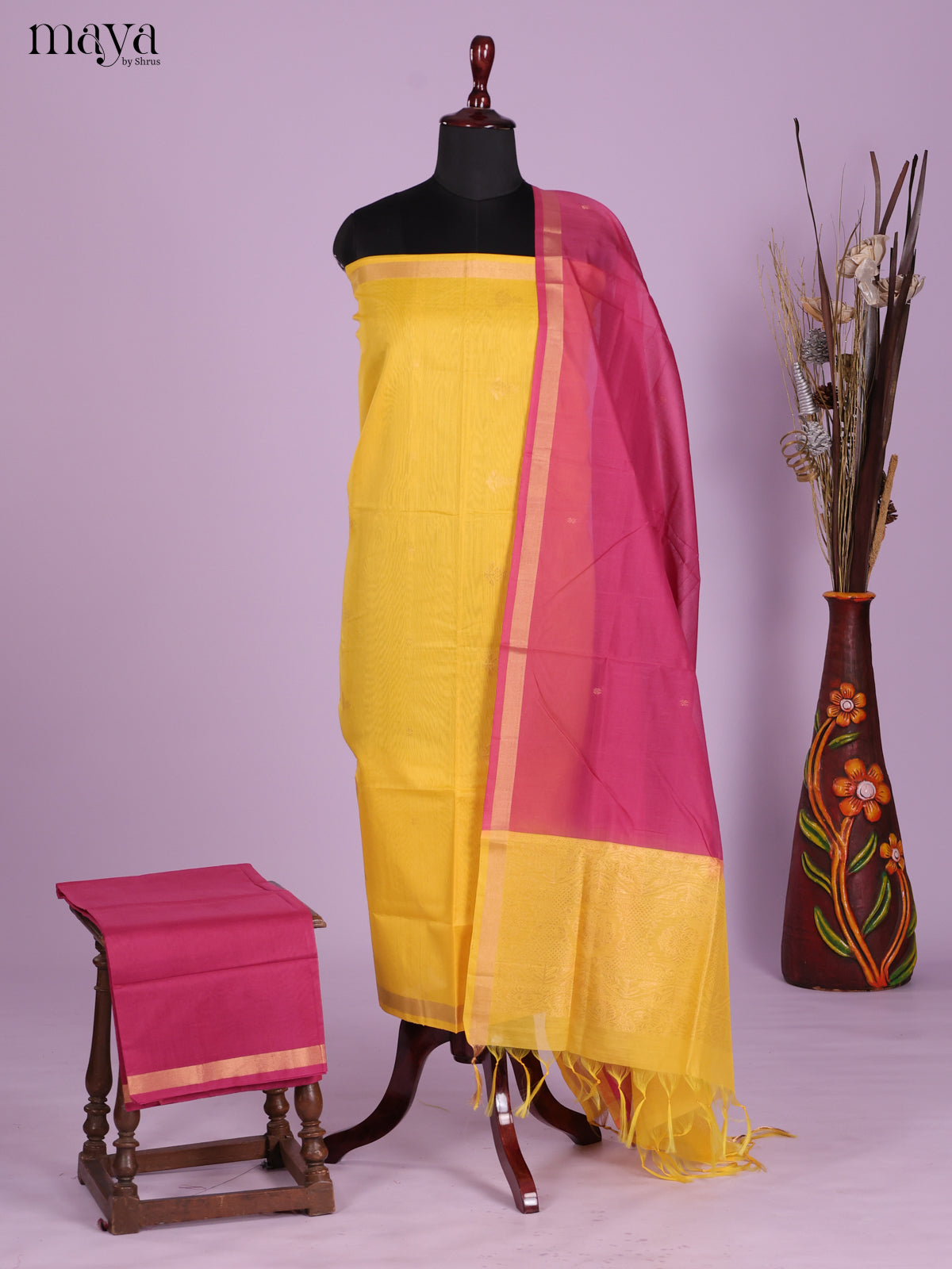 Yellow & Maroon-Silkcotton salwar Unstitch