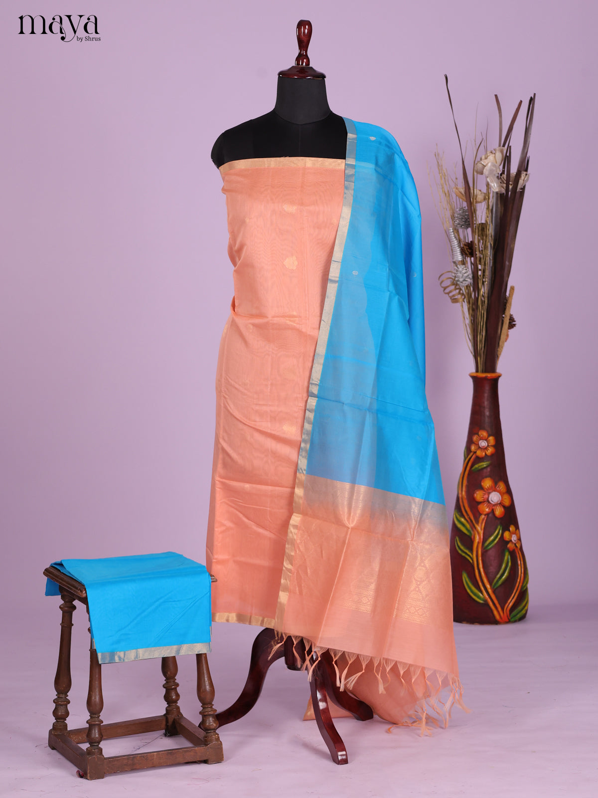 Peach & Blue-Silkcotton salwar Unstitch