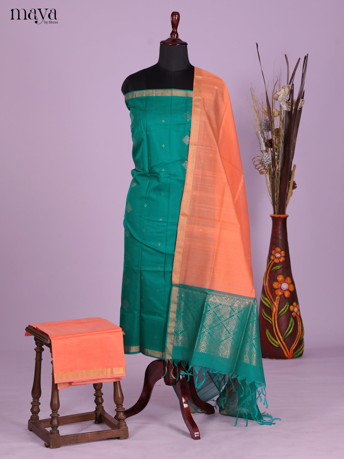 Green & Peach-Silkcotton salwar Unstitch