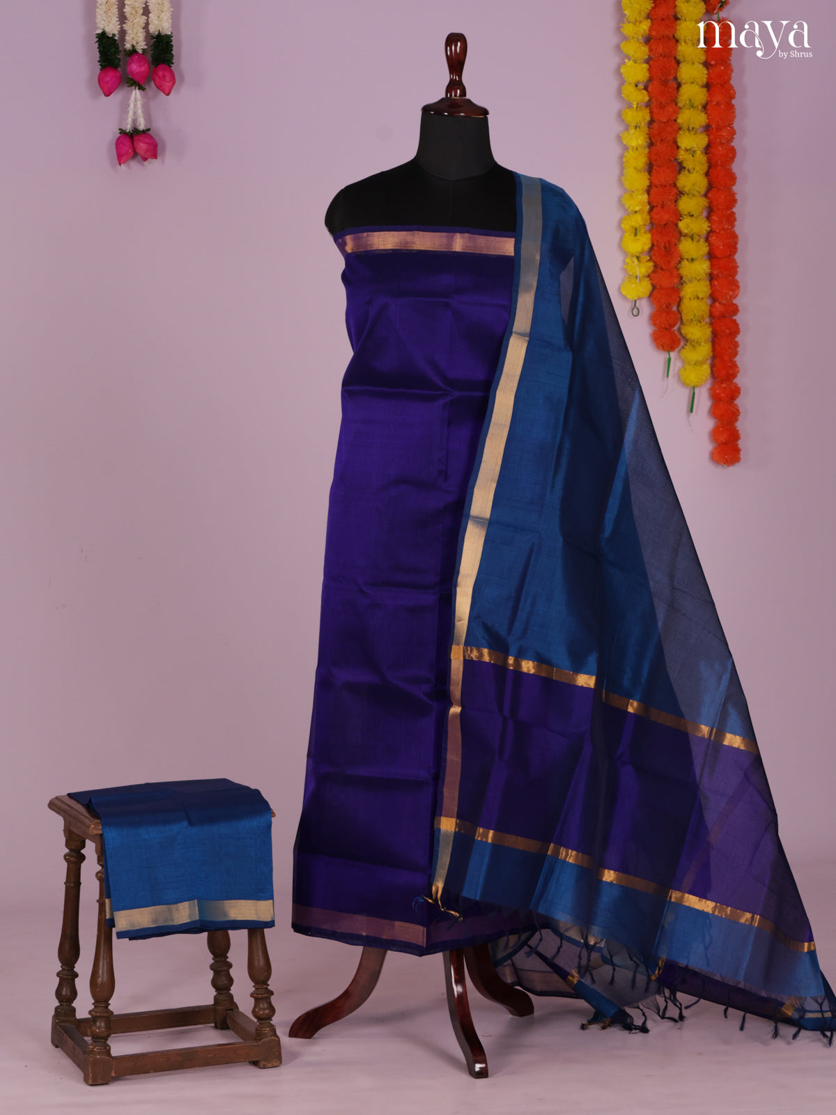 Navy Blue & Blue-Silkcotton salwar Unstitch
