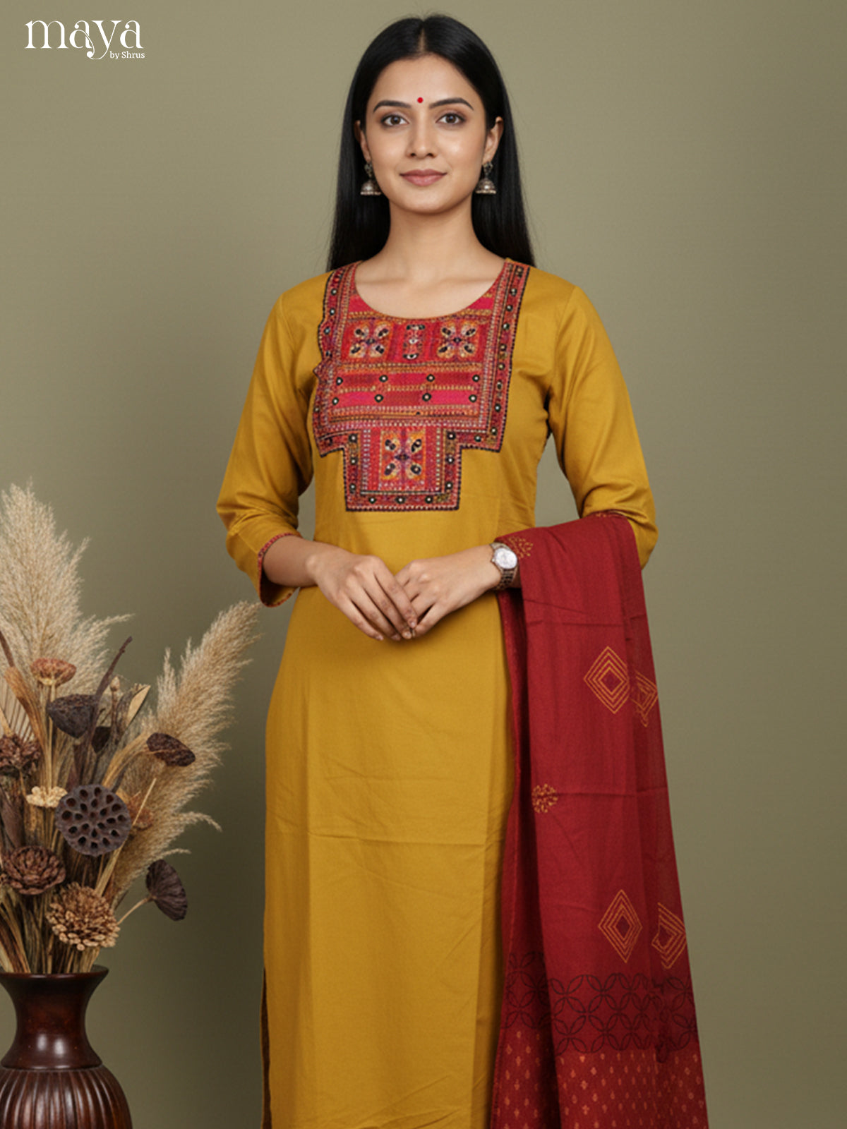 Bright Mustard & Maroon Cotton Salwar Suit with Embroidered Yoke Neck