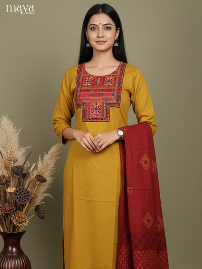 Bright Mustard & Maroon Cotton Salwar Suit with Embroidered Yoke Neck