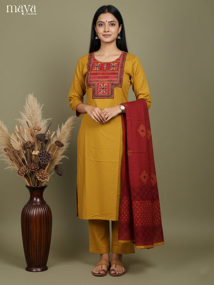 Bright Mustard & Maroon Cotton Salwar Suit with Embroidered Yoke Neck