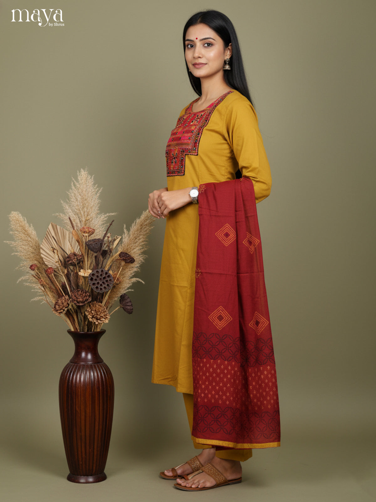 Bright Mustard & Maroon Cotton Salwar Suit with Embroidered Yoke Neck