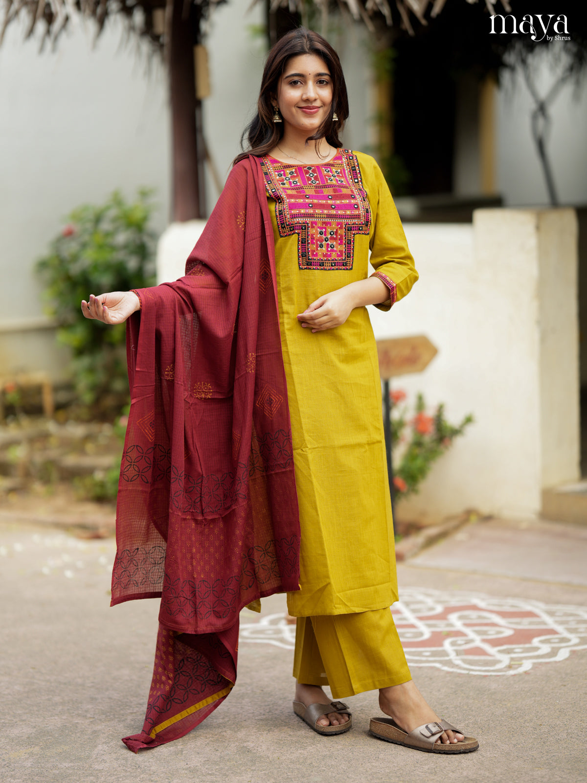 Bright Mustard & Maroon Cotton Salwar Suit with Embroidered Yoke Neck