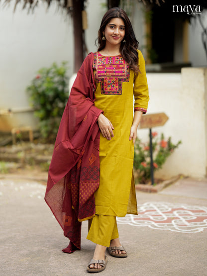 Bright Mustard & Maroon Cotton Salwar Suit with Embroidered Yoke Neck
