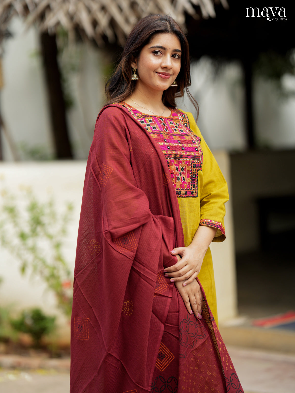 Bright Mustard & Maroon Cotton Salwar Suit with Embroidered Yoke Neck
