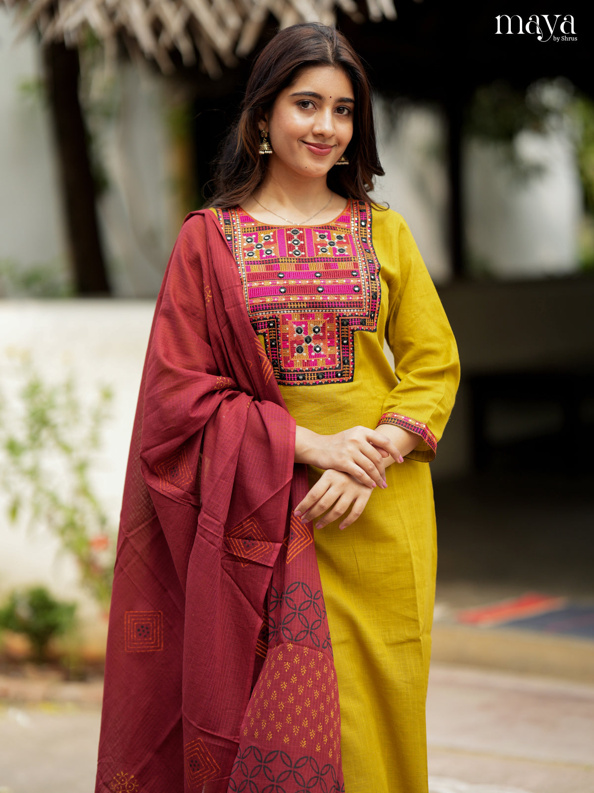 Bright Mustard & Maroon Cotton Salwar Suit with Embroidered Yoke Neck