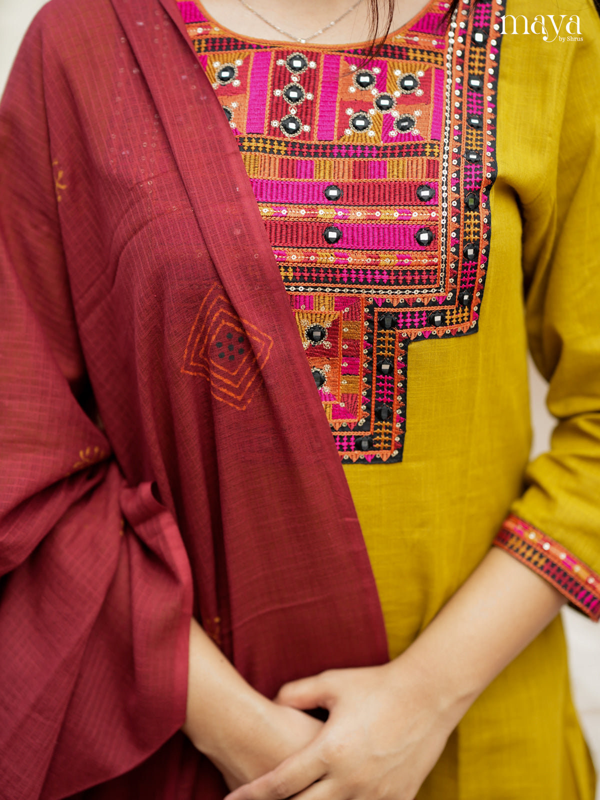 Bright Mustard & Maroon Cotton Salwar Suit with Embroidered Yoke Neck