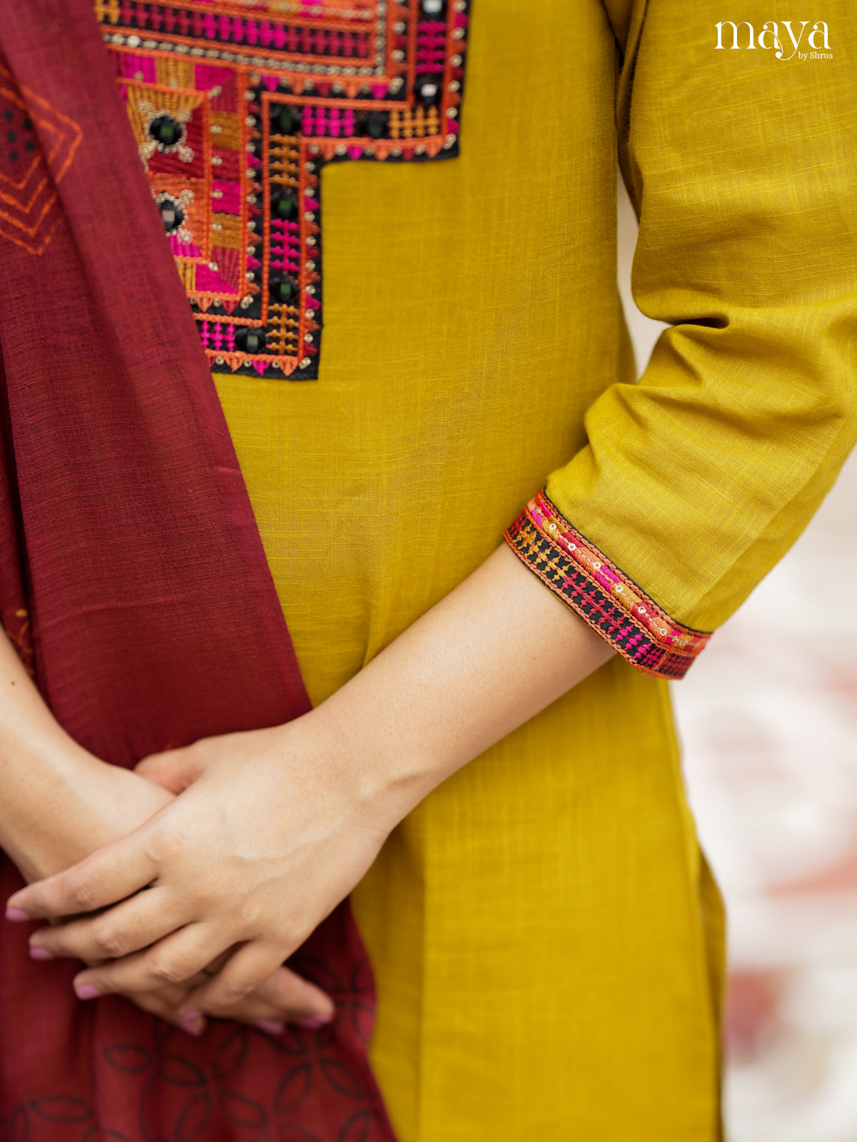 Bright Mustard & Maroon Cotton Salwar Suit with Embroidered Yoke Neck