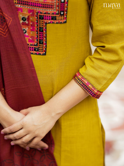Bright Mustard & Maroon Cotton Salwar Suit with Embroidered Yoke Neck